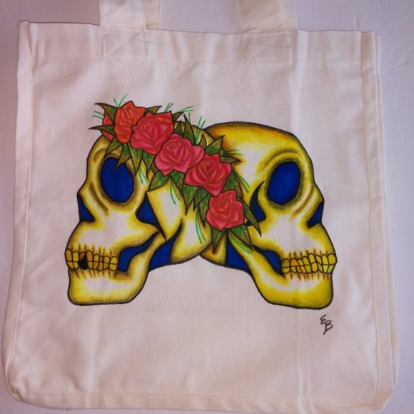 Hand-Painted Skull Tote Bag: Floral Rose Skulls, Reusable Canvas - Picture 5 of 16